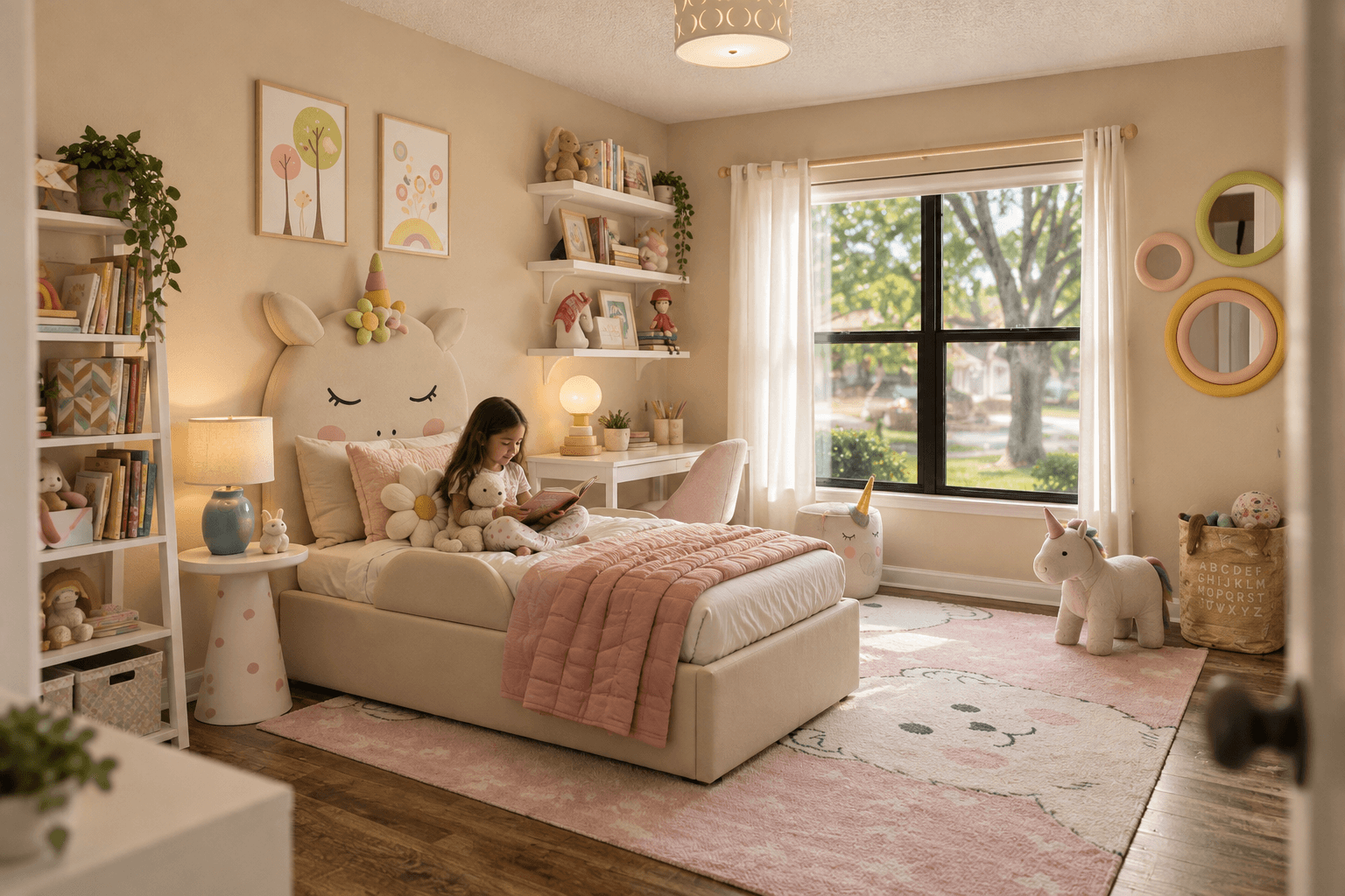A girl is sitting on a bed with a unicorn headboard in a room with a window.